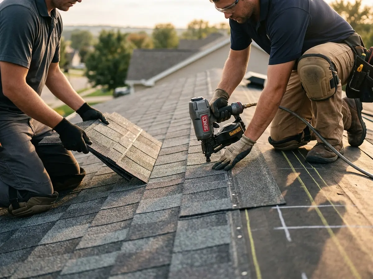 Professional roofer working on a residential roof in Eaton Rapids